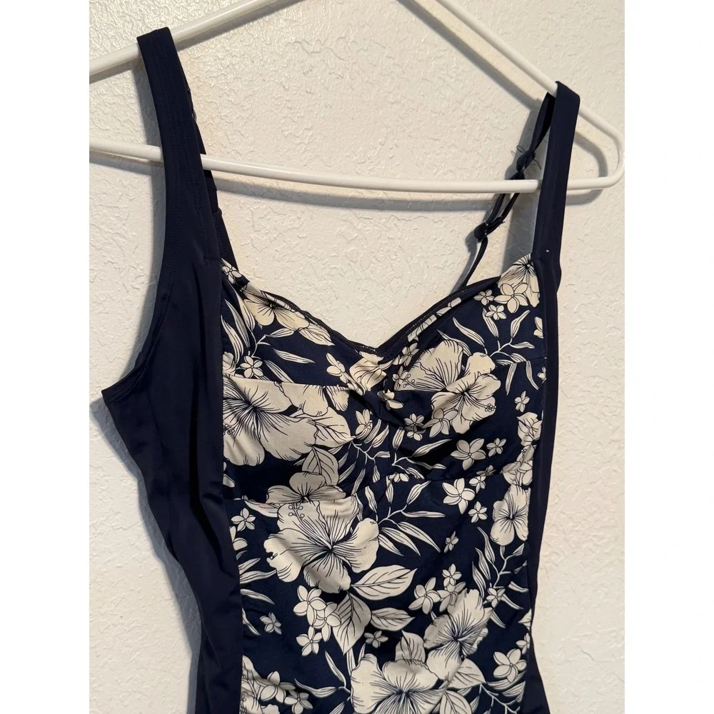 Dorina Navy Blue White Hibiscus Floral One Piece Swimsuit D17124A Large